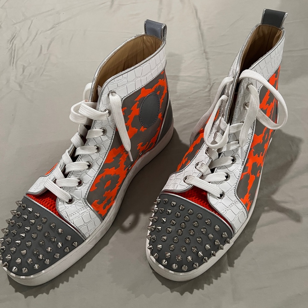 Christian Louboutin Mens Fun Lou Spikes Flat Reflex Orange High Top Sneaker.